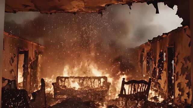 Dramatic footage of a raging fire engulfing a building, causing destruction.