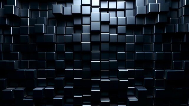 Abstract black cube wall with dynamic lighting effects. Represents modern design, technology, and digital aesthetics