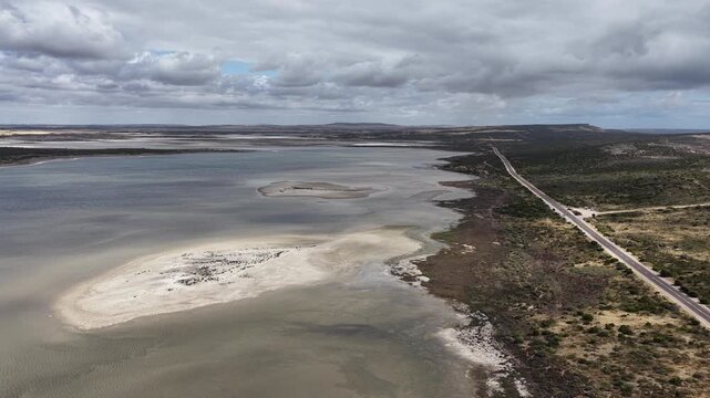 Lake Hamilton, Kiana, South Australia &ndash; 4K aerial drone view of salt lake, coastal wetlands, arid landscape and Eyre Peninsula wilderness, near Cummings Monument Lookout