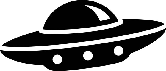 A black and white illustration of a flying saucer with a dome and three round lights on the side set against a plain white background © Vector Kings