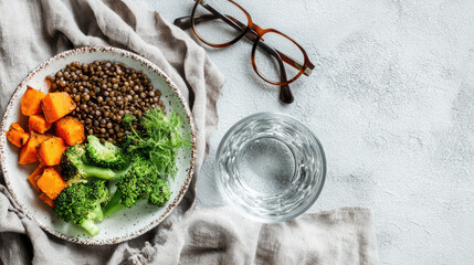 Lentil sweet potato broccoli fennel vegan healthy nutrition senior flat lay glass water rustic plate vegetable diet fiber protein lunch meal green orange cooked organic fresh clean eating balanced