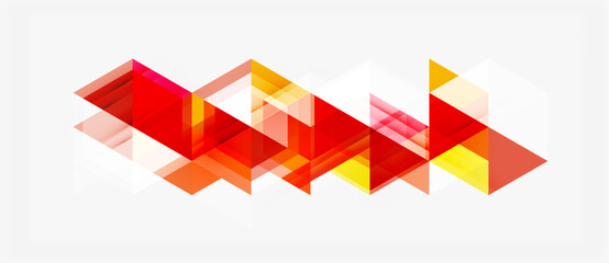 Abstract geometric shapes overlap, creating vibrant red, orange, yellow patterns on white background. Modern design element.
