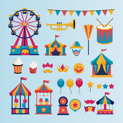 Carnival Festival Flat Icon Set with Circus and Fair Elements