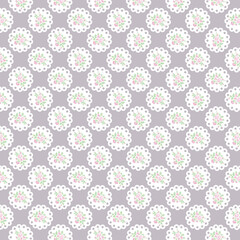 Elegant scalloped floral medallion seamless pattern with pink roses on soft gray background. Classic romantic design perfect for wallpapers and textiles.
