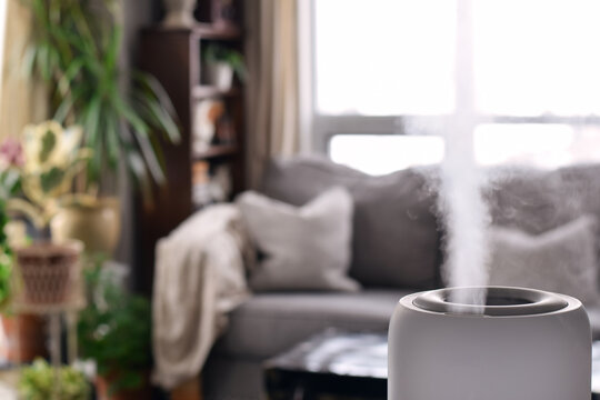 Working humidifier releasing visible mist in the foreground with a defocused living room interior behind. Indoor air moisture, home comfort, wellness, and climate control concept