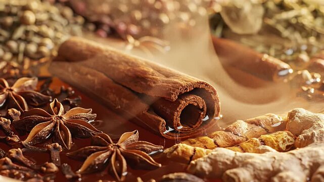 Close-up of various spices, including cinnamon sticks and star anise.