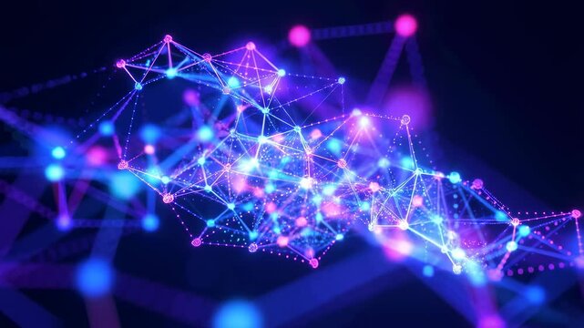 Abstract digital network visualization with glowing nodes and connections. Represents data flow, technology, and innovation in the digital age