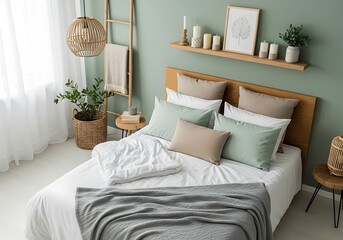 Fototapeta premium Serene bedroom with a neatly made bed and decorative pillows