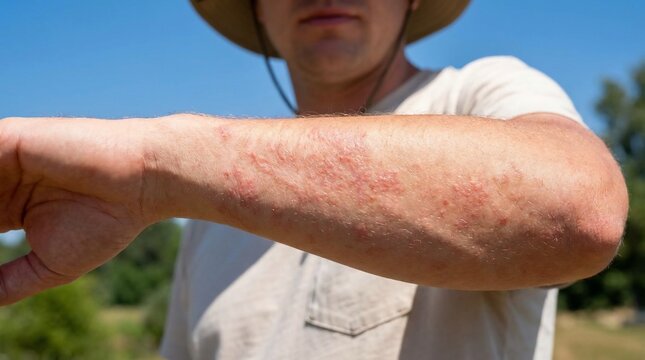 Close up of red skin rash on male forearm outdoors
