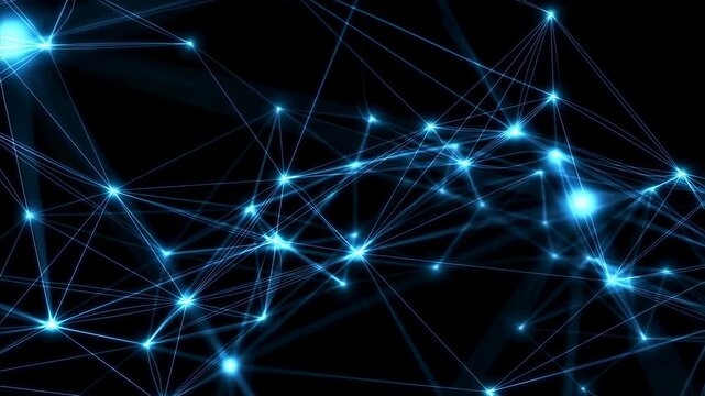 Abstract digital network connections with glowing blue nodes. Visual representation of technology, data transfer, and connectivity in the digital age