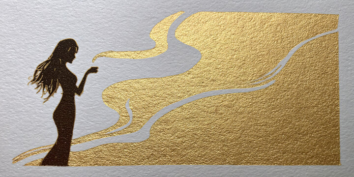 Elegant Silhouette of a Woman with Flowing Hair and Golden Waves, Evoking Luxury, Beauty, and Mystique