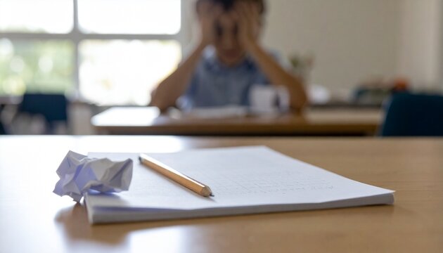 &Uuml;berforderter Grundsch&uuml;ler mit Lernfrust bei einer Schreibaufgabe im Unterricht