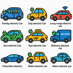 Naklejka premium Colorful icons of various electric cars for diverse urban transport needs