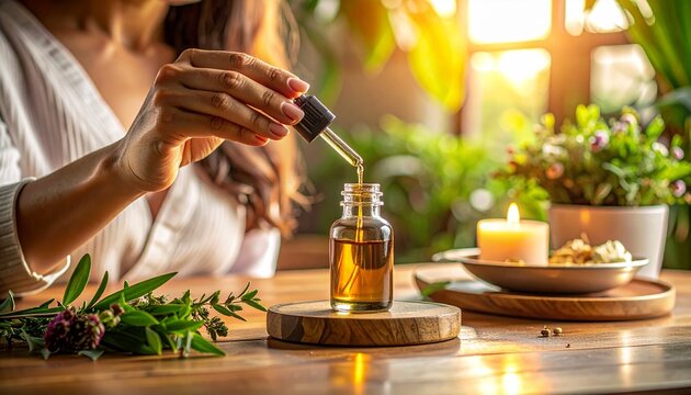 Natural Aromatherapy - Woman Preparing Essential Oil Blend at Home.