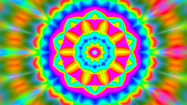 Colorful kaleidoscopic mandala animation with vibrant patterns and swirling designs. Ideal for meditation, relaxation, and artistic expression