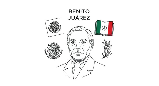 Black and white of Benito Juarez with Mexican symbols Mexican president line portrait