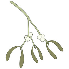 A simple illustration of mistletoe with green leaves and white berries, symbolizing love and peace, perfect for holiday themes and decorations.