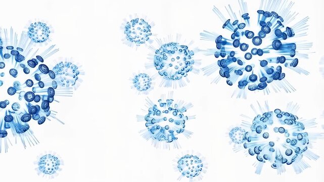 Abstract representation of viruses in blue tones on a white background. Visualizing the impact of pathogens in health and science sectors
