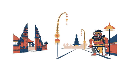 Balinese temple guardian statue with traditional architecture and decorations