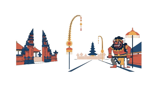 Balinese temple guardian statue with traditional architecture and decorations