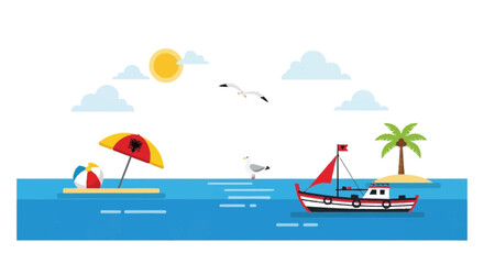 Beach scene with boat seagulls palm tree and umbrella