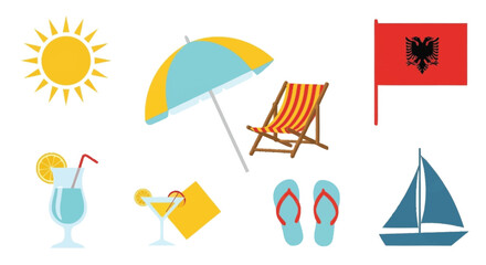 Beach with sun umbrella chair drinks flip flops sailboat flag summer
