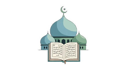 Green mosque with domes and crescent moon star symbol and open book with Arabic text
