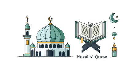 Green mosque with minaret and open book on stand with candle and moon green dome