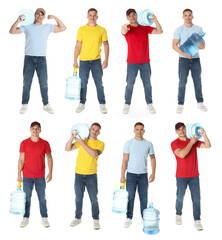 Obraz premium Delivery worker with water cooler bottle. Collage of portraits on white background