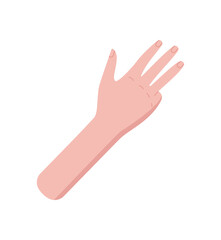 Flat cartoon graphic style hand showing four fingers. Bare palm raised up in counting gesture to indicate number four. Simple education and math visual element.