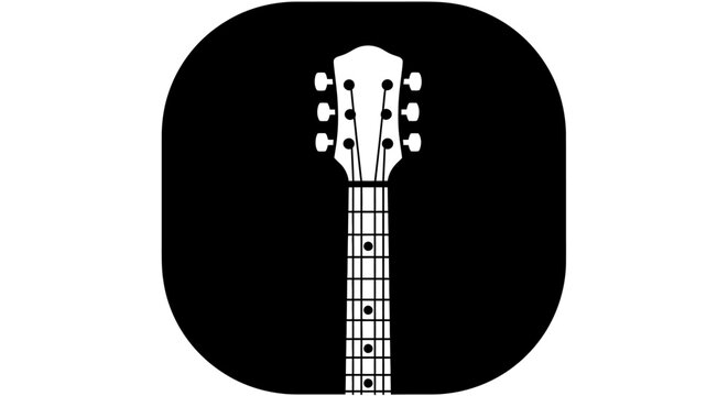 Minimalist Guitar Neck and Headstock Icon on Solid Black Rounded Square Background, Isolated White Background