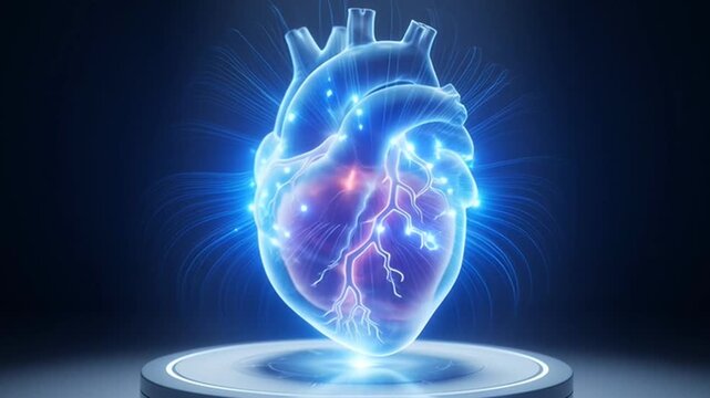 A glowing blue heart with a red spot on a circular platform in a dark room video