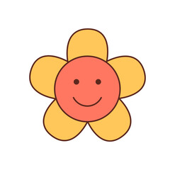 Retro groovy cartoon flower with happy smile and cute yellow, pink color forms a cheerful groovy element. Fun and simple graphic, joyful in style, perfect for aesthetic y2k creative backgrounds.