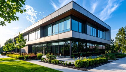 Modern Office Building Exterior with Glass Windows and Greenery.