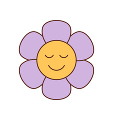 Groovy retro cartoon flower icon with a cute smile and happy face draws on a yellow petal style. This y2k groovy element has playful look, perfect for trendy art, positive sticker or young fun
