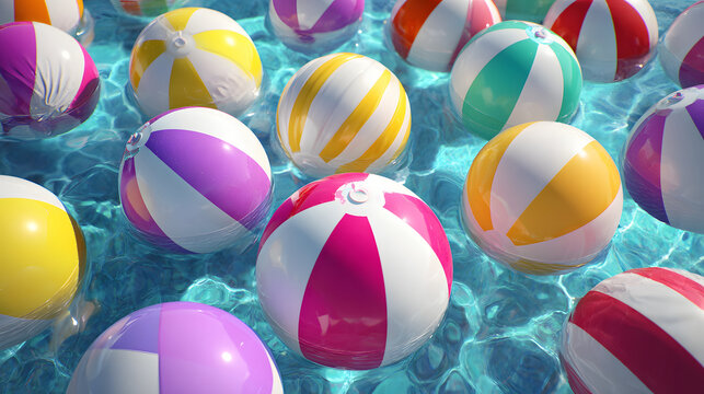 Colorful beach balls floating in clear blue pool create vibrant and playful summer scene, evoking joy and relaxation. bright colors and reflections enhance lively atmosphere