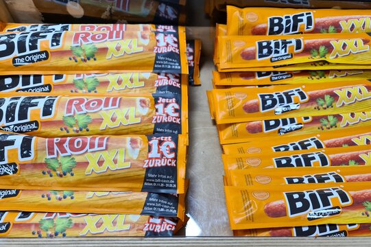 Kiel, Germany - 28. January 2026: Bifi Roll XXL and original salami sticks display