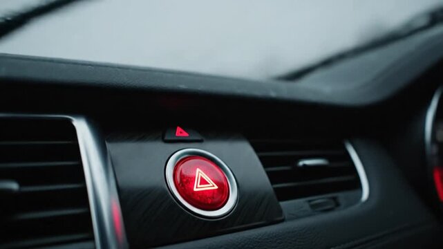 A close-up shot of a finger pressing a red illuminated button on a car's dashboard