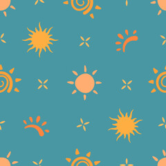 Flat seamless sunscreen bottle sun pattern. Seamless pattern with sunblock, lotion, cream, SPF and protection logo. Background for cosmetic product, summer, flat style, skincare theme.