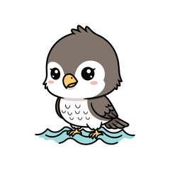 Cute cartoon penguin chick sitting on ice floe with cheerful expression
