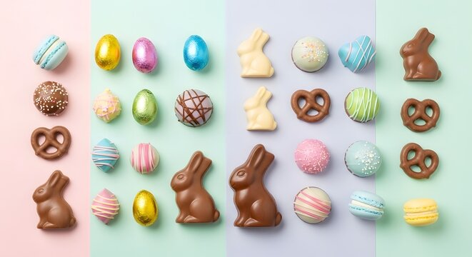 Flat lay of assorted Easter chocolates and bonbons arranged neatly, pastel tones, top view