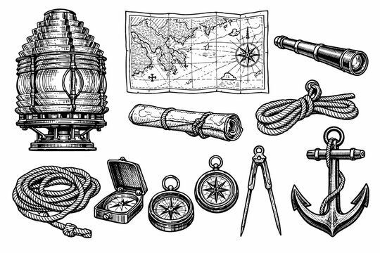 Vintage nautical tools and map with lantern, compass, anchor, and telescope