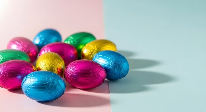 Easter chocolate eggs wrapped in colorful foil on pastel background, soft natural light, copy space