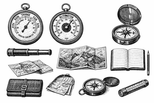 Vintage navigation tools collection including compass and barometer in black and white engraving style