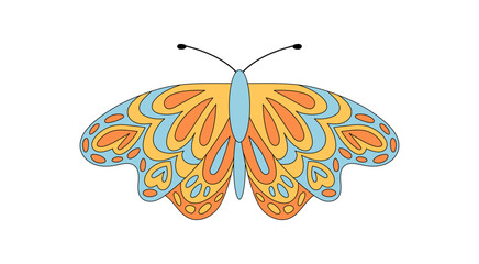 Groovy retro butterfly with psychedelic orange and blue. Funky 70s colorful butterfly as y2k groovy element, artistic graphic with vintage flair, modern pop and playful style.