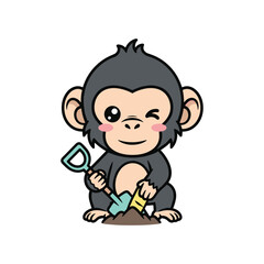 Obraz premium Adorable Cartoon Monkey Digging with Shovel and Trowel