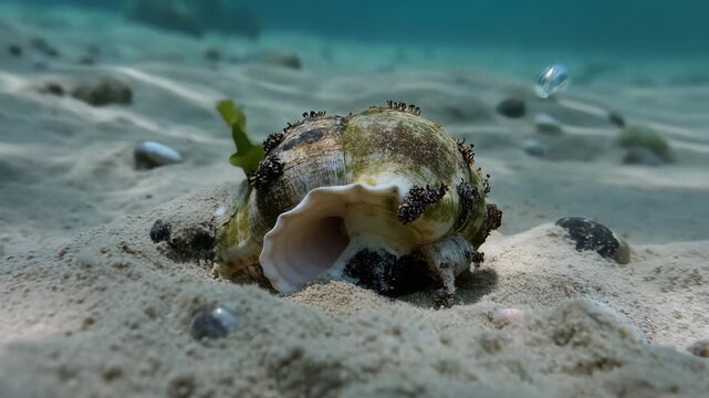 Seashell on Sandy Ocean Floor Underwater