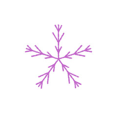 Purple crayon snow flake symbol with icy and frozen winter look. Frost element appears as xmas decoration and stands for cold freeze. Simple hand drawn snowflake makes a unique decorative accent for