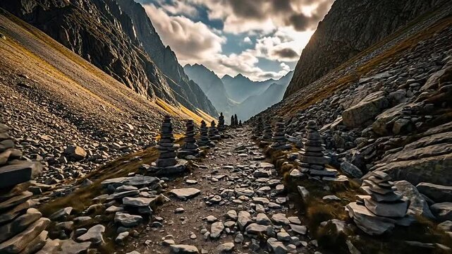 Stone cairns marking a hiking path in a rugged, rocky mountain valley under a cloudy sky, depicting a peaceful outdoor adventure.