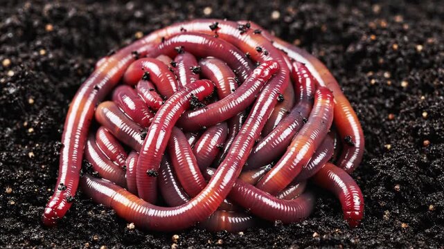 Many red earthworms moving together on dark soil. Compost worm group close up for soil fertilization and fishing bait.